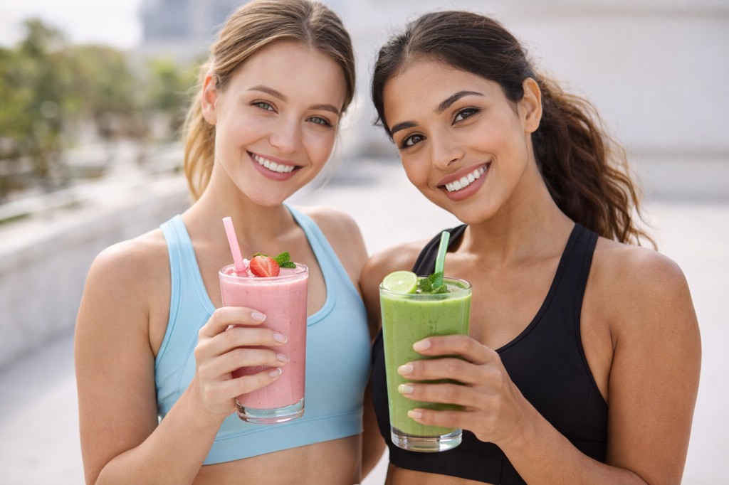 Dos mujeres en ropa deportiva al aire libre con batidos rosa y verde decorados con fresa, lima y menta.