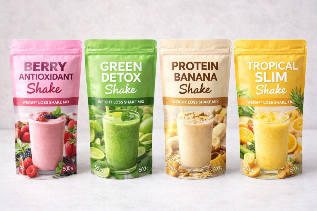 Cuatro envases de mezcla para batido: bayas, detox verde, plátano proteico y tropical.